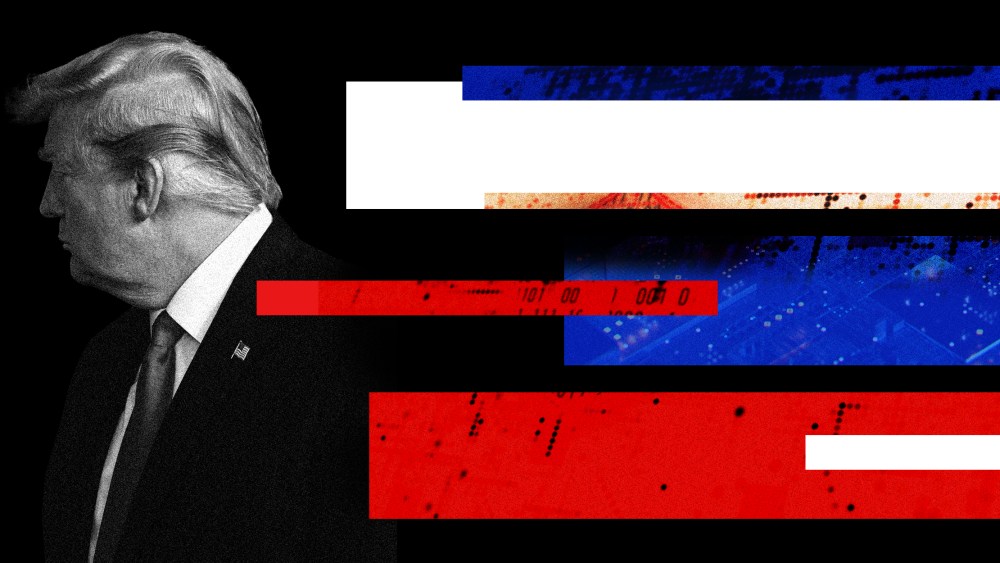 Image: Donald Trump looks away as blue, red and white strips layered with code comes from the other side.
