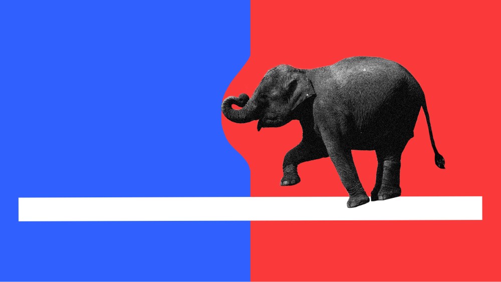 Image: An elephant against a red background moves from right towards the centre pushing the red background with its trunk