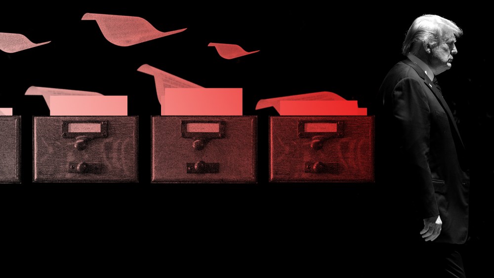 Photo illustration of Trump walking away from cabinets of filed documents
