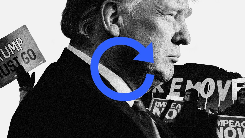 Illustration of Donald Trump with protest signs in the background that read,"Impeach Now", Trump Must Go" and "Remove". There is a blue restart arrow over them.
