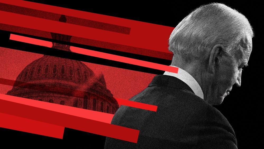 Photo illustration of Joe Biden looking away on a black background while red lines with an overlay of the Capitol building come in from the top left.