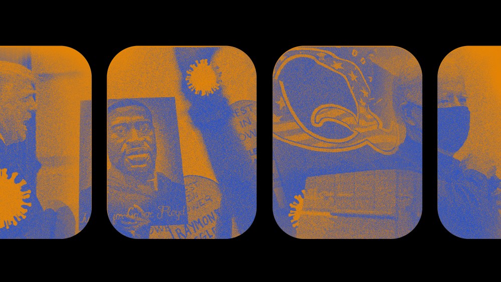 Photo illustration of a film reel revealing images of Trump, George Floyd's portrait and protest signs, QAnon flag and Biden getting a vaccine.