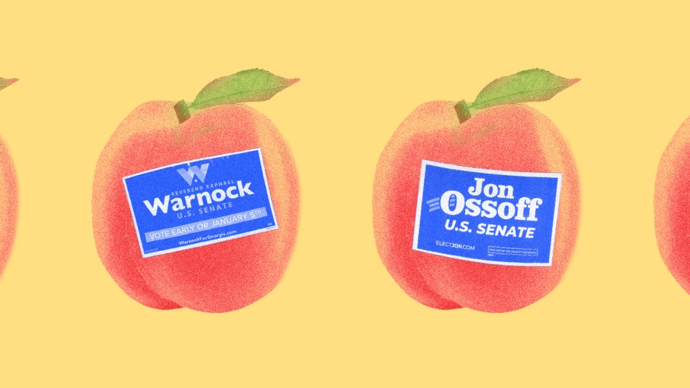 Photo illustration of peaches with stickers that read," Reverend Raphael Warnock, U.S. Senate" and "Jon Ossoff, U.S. Senate"
