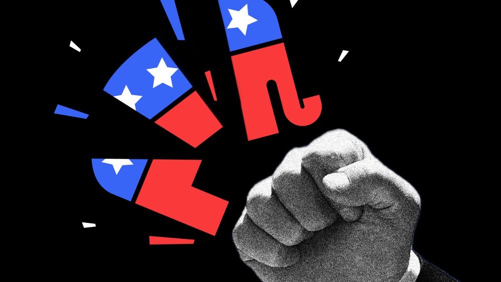 Photo illustration of Donald Trump's fist shattering the GOP symbol