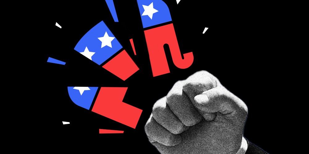 Photo illustration of Donald Trump's fist shattering the GOP symbol