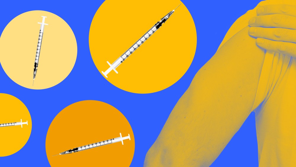Photo illustration of an arm ready for a vaccine surrounded by bubbles with vaccines inside.