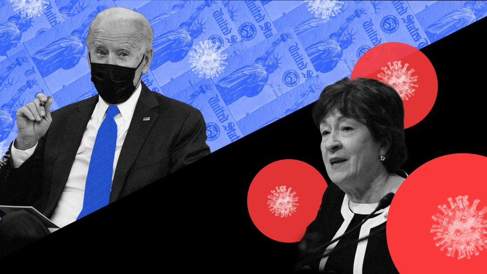 Photo illustration of President Biden against a background of blue cheques and COVID-19 spores along with Sen. Susan Collins surrounded by red circles with COVID-19 spores.