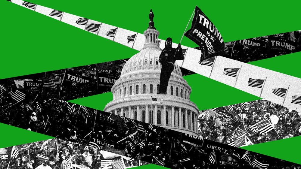 Photo illustration of the Capitol building surrounded by strips of Trump supporters protesting. A man stands on the building holding a flag that reads,"Trump is my President".