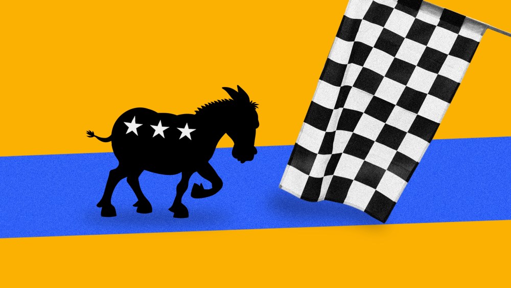 Photo illustration of a black and white checkered flag being waved at a donkey with three stars ready to race on a blue track against a yellow background.