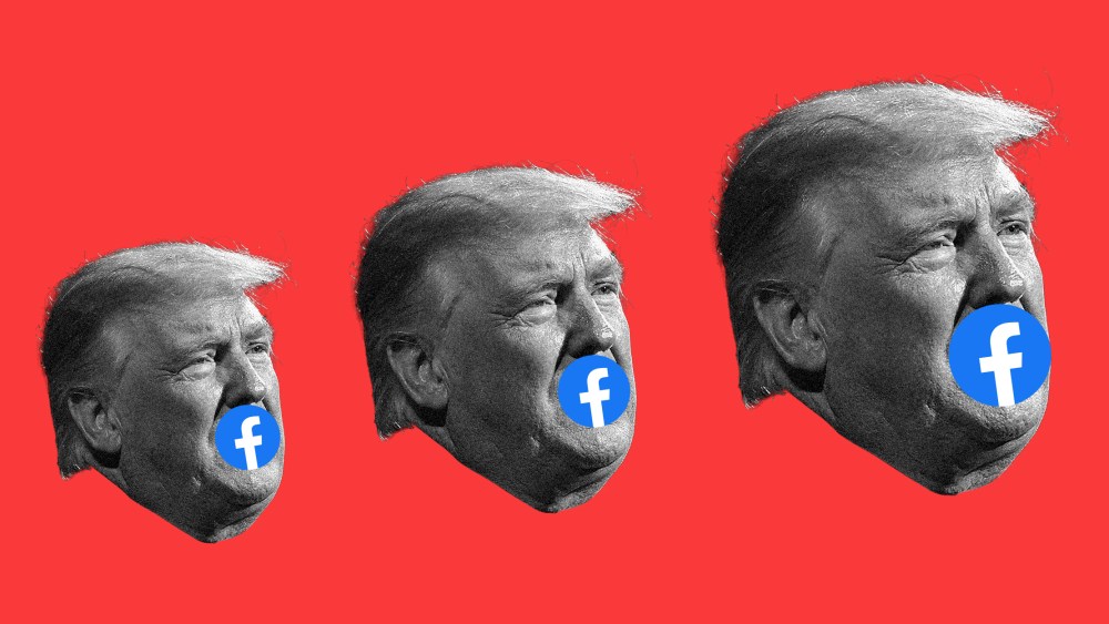 Photo illustration with three faces of Donald Trump increasing in size against a red background. A facebook logo covers his mouth.