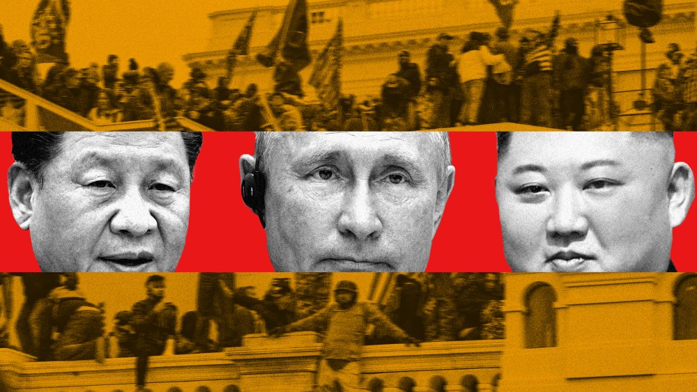 Photo illustration showing protestors storming the U.S. Capitol in the background with a red strip in the middle that has the faces of Xi Jinping, Vladimir Putin and Kim Jong Un.