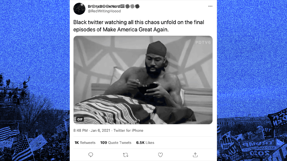 Moving photo illustration of a scrolling Twitter feed with tweets such as,"Black twitter watching all this chaos unfold on the final episodes of Make America Great Again" over a blue image of protestors outside the Capitol Hill.