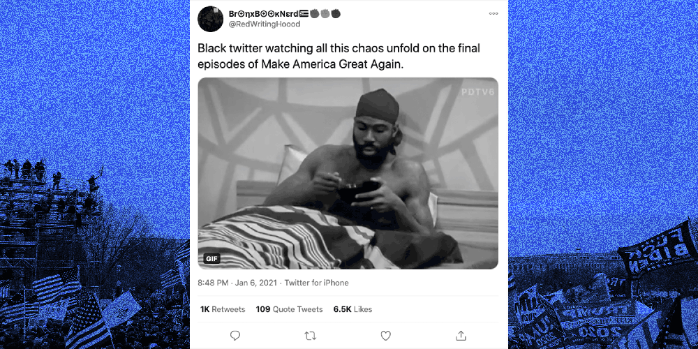 Moving photo illustration of a scrolling Twitter feed with tweets such as,"Black twitter watching all this chaos unfold on the final episodes of Make America Great Again" over a blue image of protestors outside the Capitol Hill.