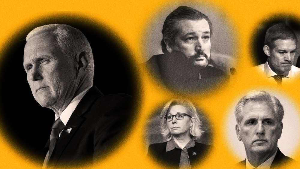 Photo illustration with images of Mike Pence, Ted Cruz, Liz Cheney, Jim Jordan and Kevin McCarthy in circles against a yellow background.