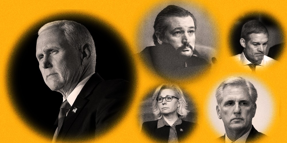Photo illustration with images of Mike Pence, Ted Cruz, Liz Cheney, Jim Jordan and Kevin McCarthy in circles against a yellow background.