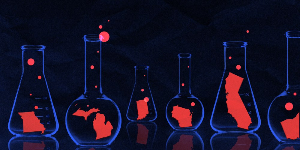 Photo illustration of blue glass flasks in a dark lab with one red U.S. state in each. Bubbles are coming out of each flask.