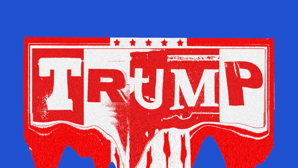 Photo illustration of a melting board of mismatched letters that reads,"Trump".