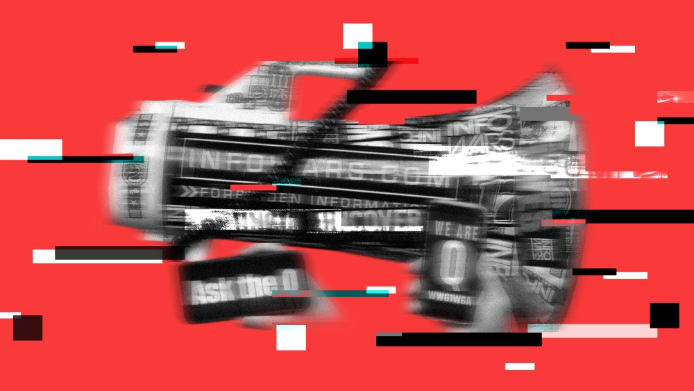 Photo illustration of a blurry megaphone with stickers that read," Infowars.com" and phone screens that read,"Ask the Q" and "We are Q".