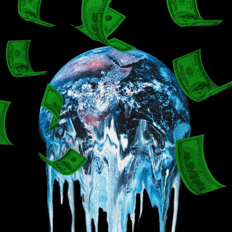 Photo illustration of a the earth melting while money falls over it.