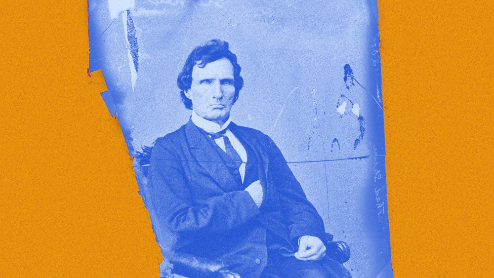 Image: Portrait of Thaddeus Stevens with blue overlay against a yellow background
