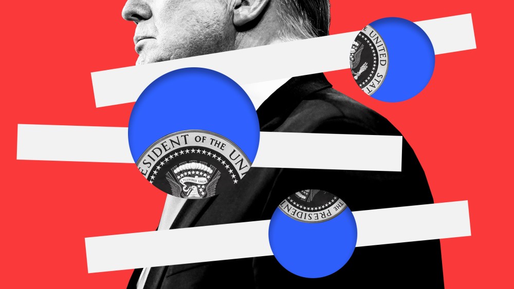 Photo illustration of Donald Trump superimposed with three lines along with blue circles through which a parts of the U.S. presidential seal is visible.