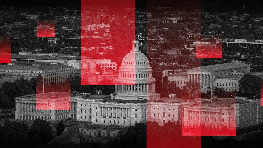 Photo illustration of the aerial view of the U.S. Capitol and U.S. Supreme Court with multiple red overlays.