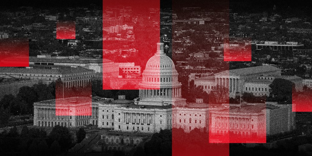 Photo illustration of the aerial view of the U.S. Capitol and U.S. Supreme Court with multiple red overlays.
