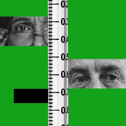 Photo illustration of multiple eyes that look skeptical alongside vaccines.