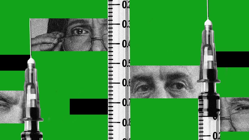 Photo illustration of multiple eyes that look skeptical alongside vaccines.