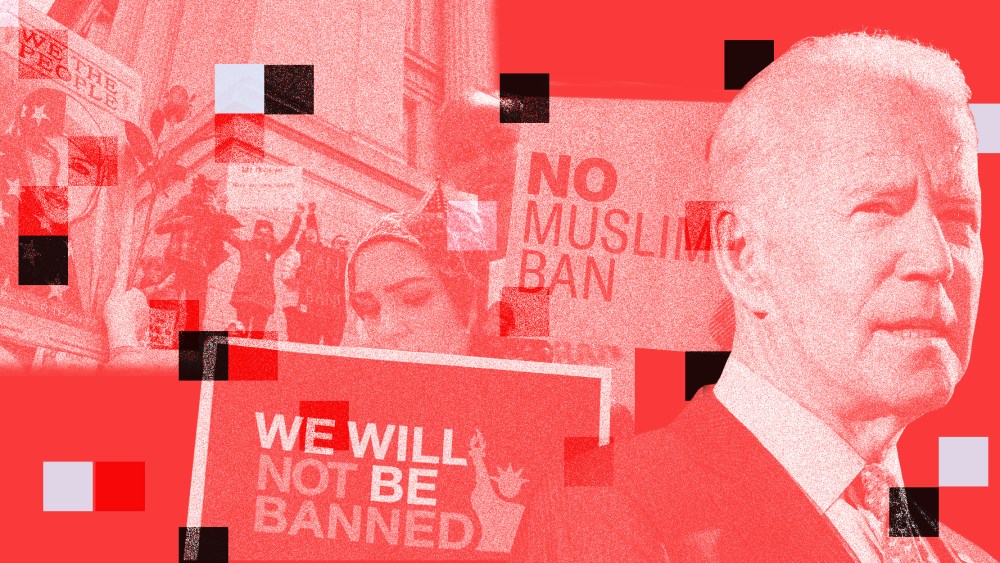 Photo collage of images from protests against Trump's "Muslim Ban" along with Biden looking ahead.