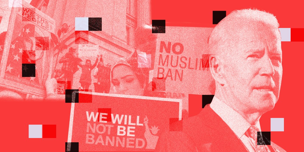 Photo collage of images from protests against Trump's "Muslim Ban" along with Biden looking ahead.