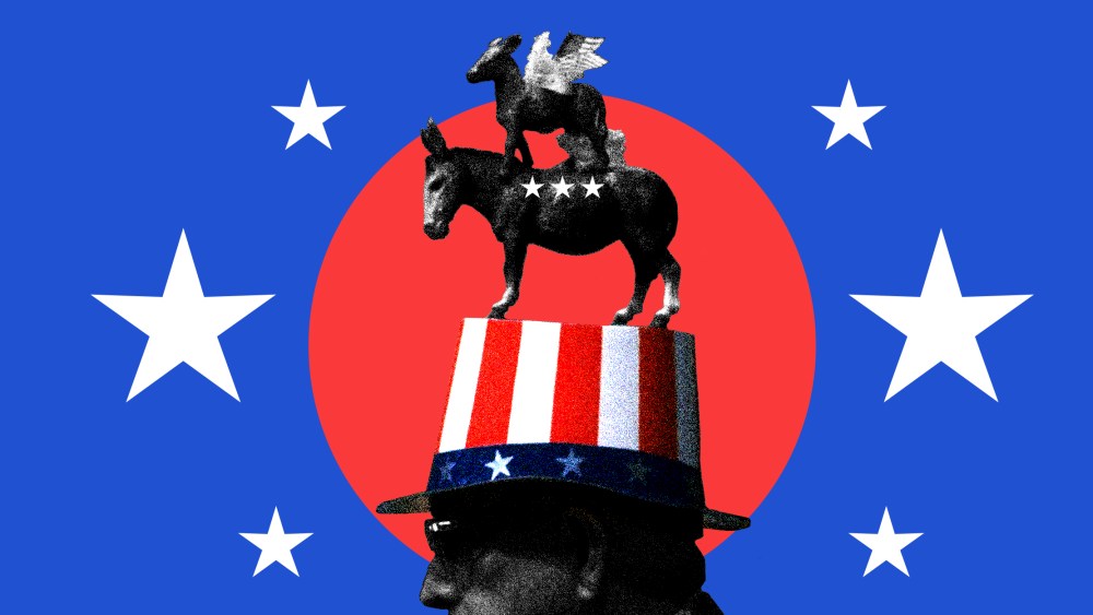 Photo illustration of a man wearing a hat with the donkey, the party symbol of the Democratic Party surrounded by stars.