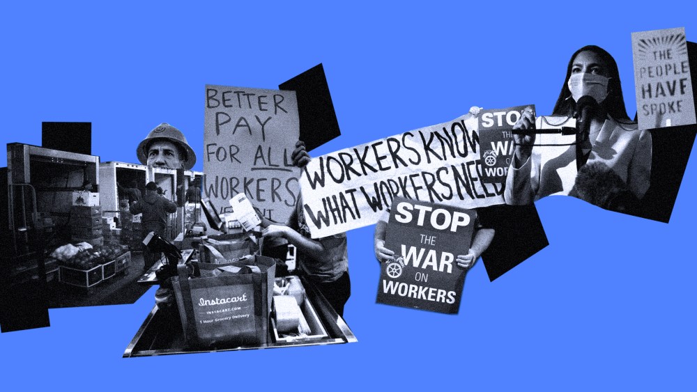 Photo collage of workers carrying produce baskets into storage, InstaCart employees packing groceries, workers' union protest signs and Alexandria Ocasio-Cortez speaking.