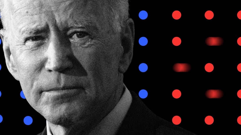 Photo illustration of President Joe Biden juxtaposed over a grid of blue and red dots where three of the red dots are moving away.