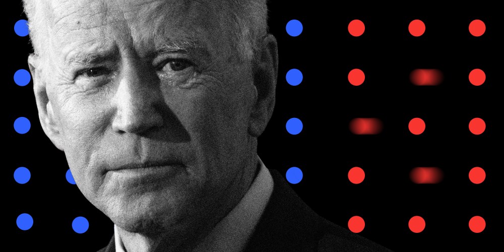 Photo illustration of President Joe Biden juxtaposed over a grid of blue and red dots where three of the red dots are moving away.