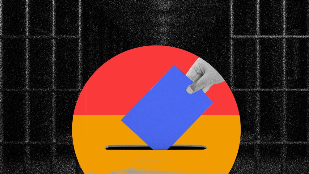 Photo illustration of a hand putting a vote into a ballot box against a background of an open prison cell.