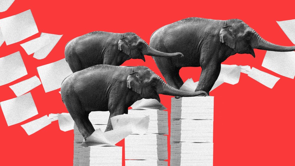 Photo illustration of three elephants facing right, standing over piles of paper.