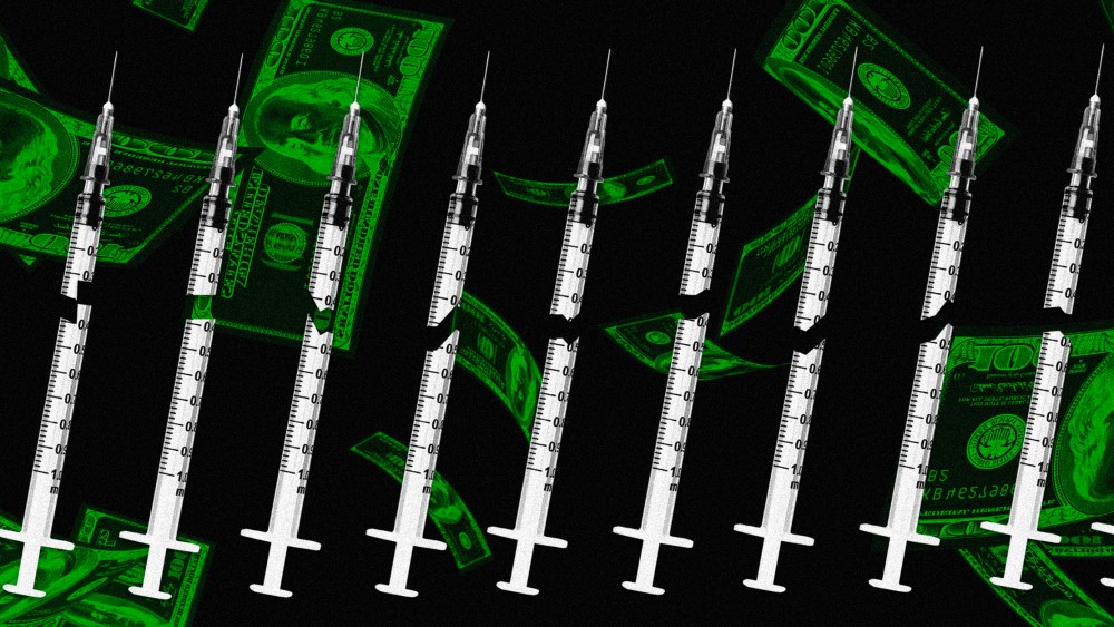 Image: Broken syringes on a black background with falling green money