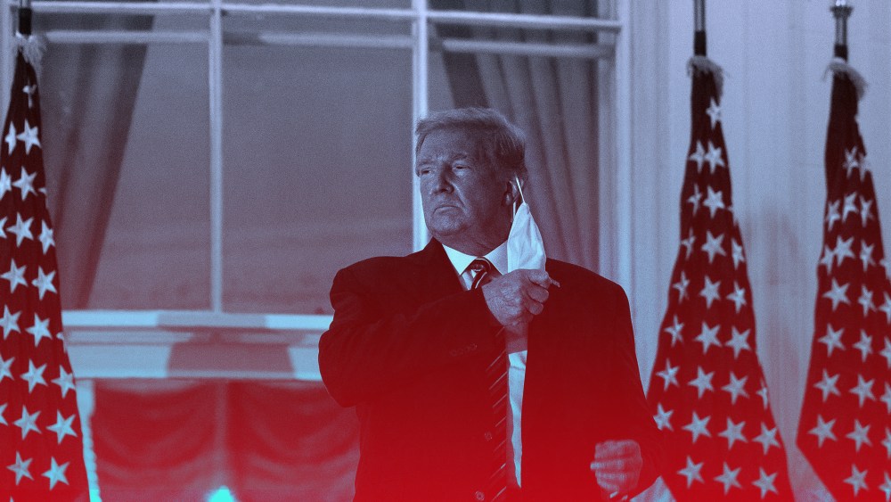 Image of US President Donald Trump takes off his facemask as he arrives at the White House with a red overlay