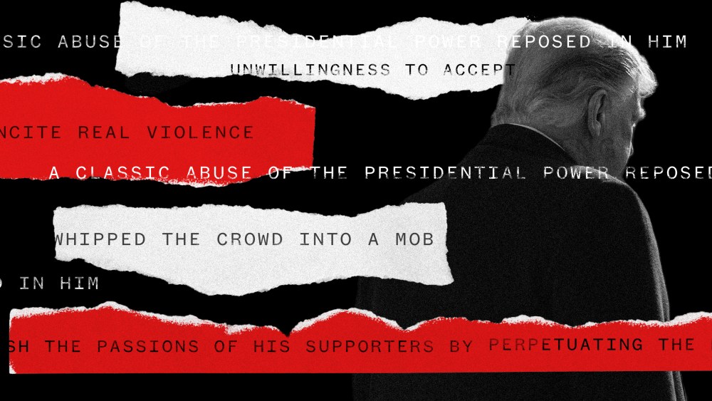 Image: Red and white torn strips of paper against a silhouette of Donald Trump facing away. The text on the paper strip:"unwillingness to accept","incite real violence","whipped the crowd into a mob","classic abuse of presidential power...".