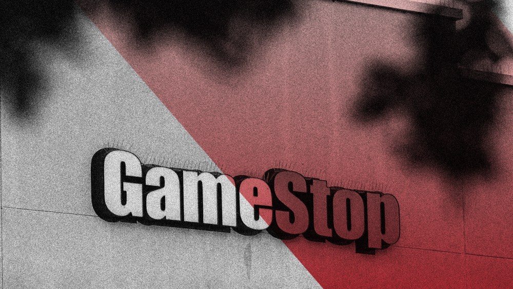 Image: Signage on a GameStop store with a red overlay on one half