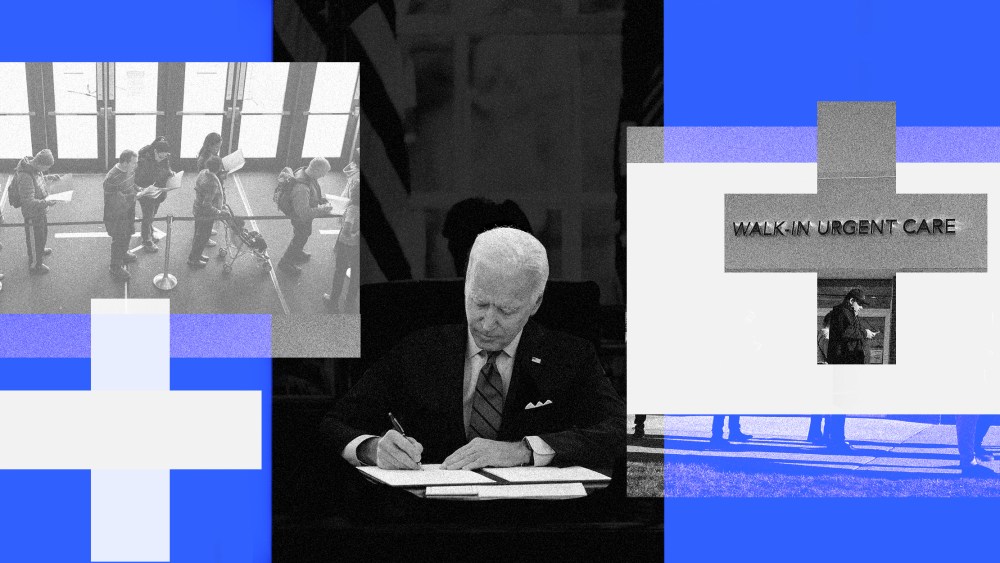 Photo collage of President Biden signing an executive order at his desk along with images of people lining up outside a clinic and a walk-in urgent care.