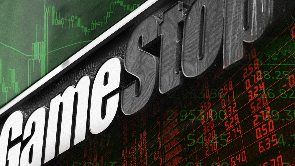 Photo illustration of stock market analytics superimposed with the storefront signage of Gamestock.