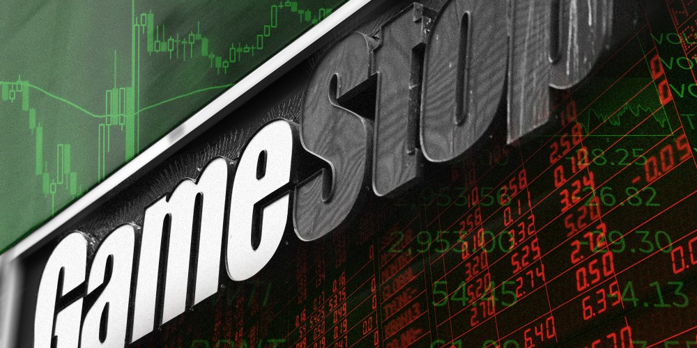 Photo illustration of stock market analytics superimposed with the storefront signage of Gamestock.