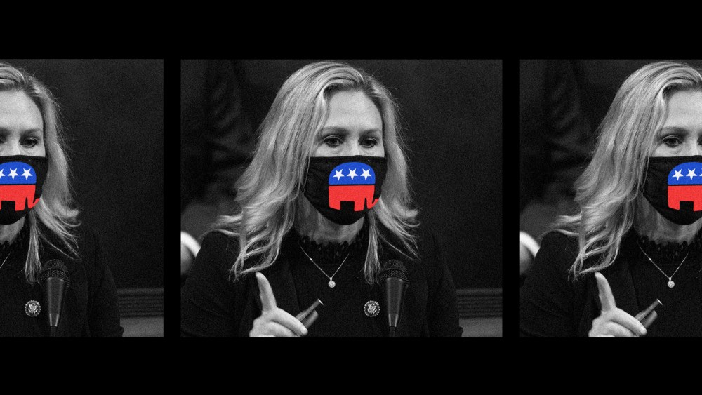 Photo illustration of three frames of Marjorie Taylor Greene in face mask that has the Republican party elephant on it.