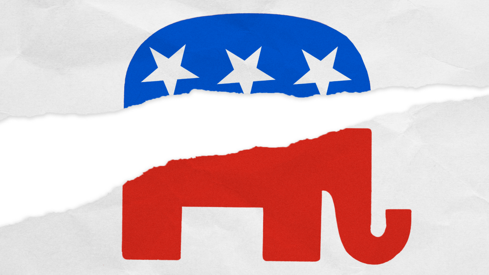 Image: A GOP elephant with a paper tear through it.