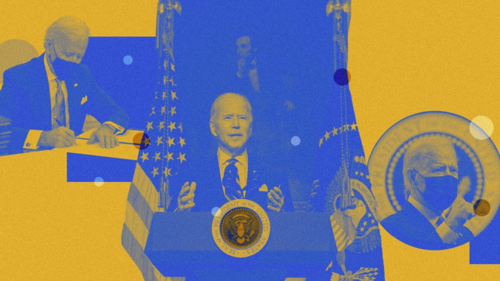 Photo collage of images of President Biden signing an executive order, delivering remarks in the State Dining Room of the White House and speaking with his fist up.