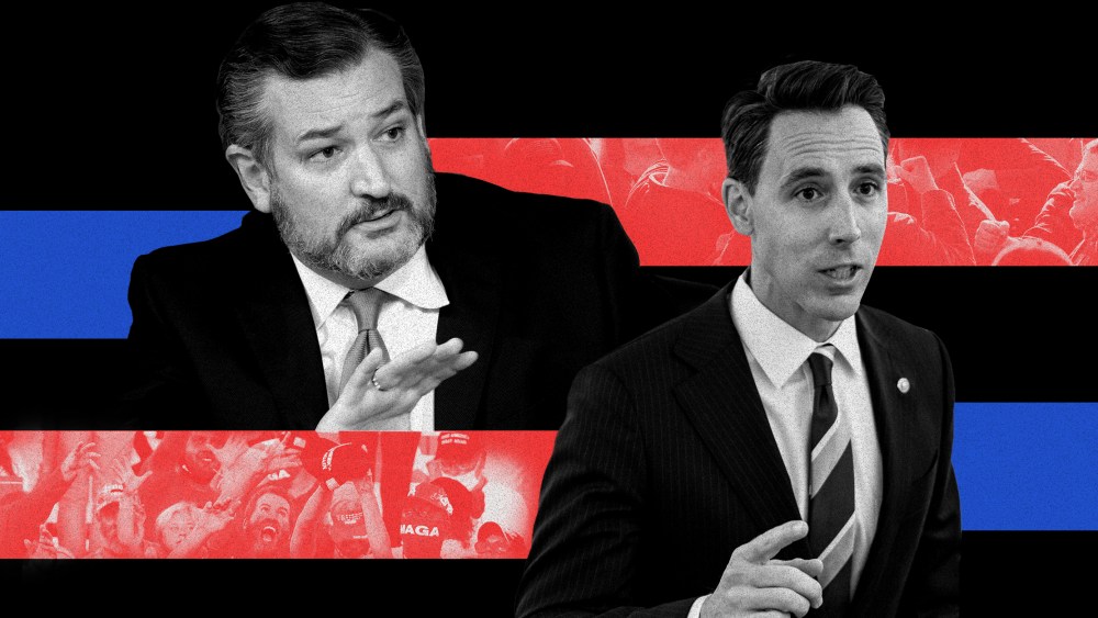 Photo illustration of Senator Ted Cruz and Senator Josh Hawley speaking superimposed by red and blue strips. Red strips have images of crowds cheering.
