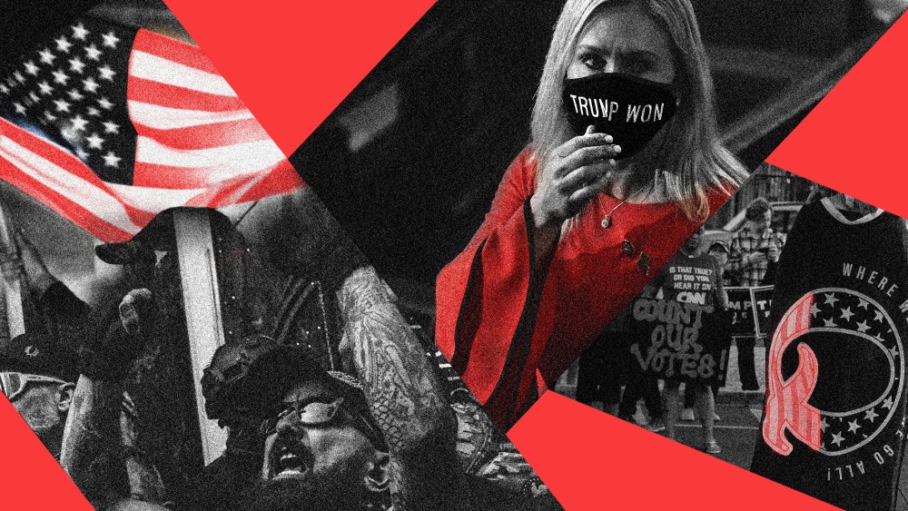 Photo collage of the "Proud Boys" protesting, Rep. Marjorie Taylor Greene wearing a mask that reads, "Trump Won" and a back of a protestor wearing a cape with the QAnon sign.