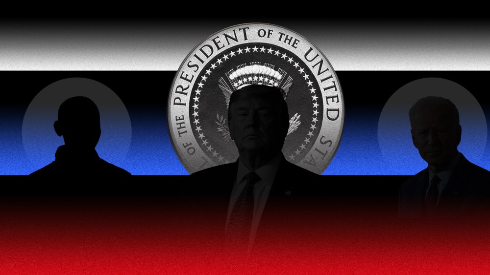 Photo illustration of silhouette of Trump and Biden against the seal of the president of the United States with white, blue and red scan lines over it.